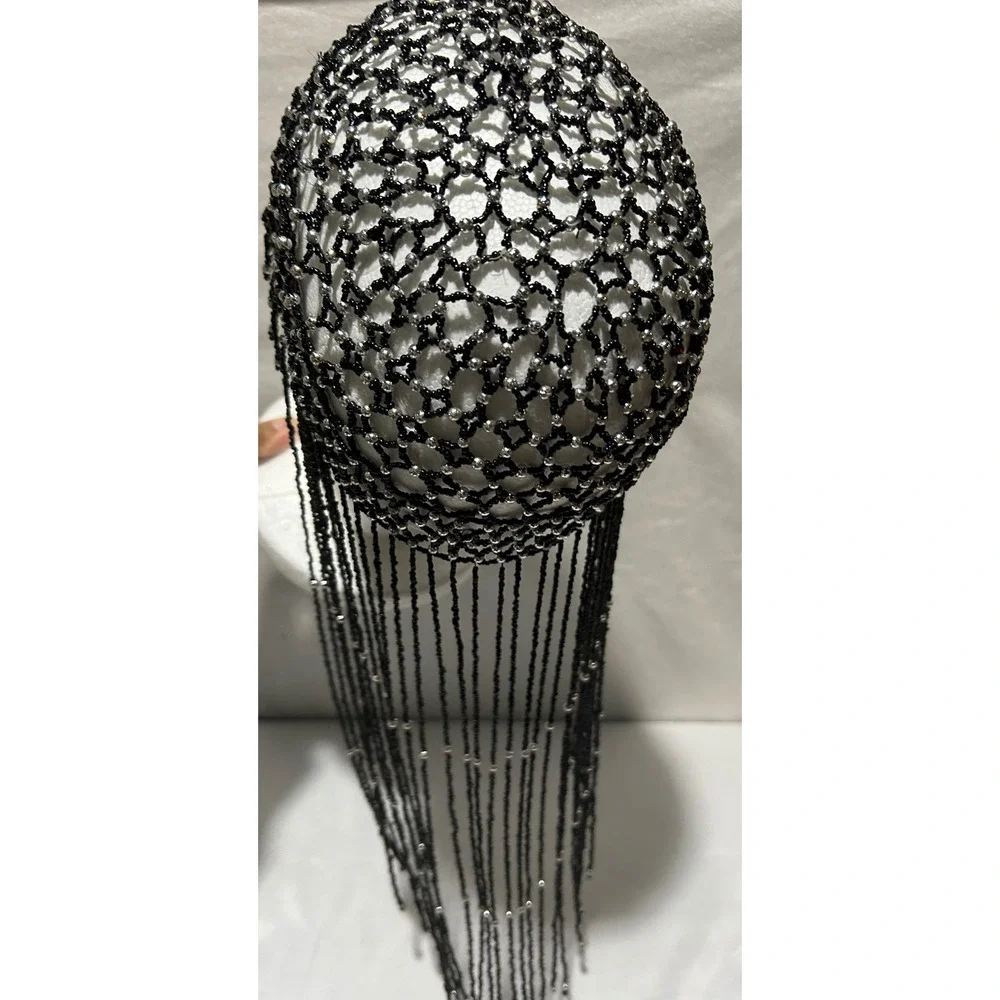 Black‎ Beaded Cleopatra Festival Headpiece Mesh Fringe Hair Cap Boho Goth Gatsby
